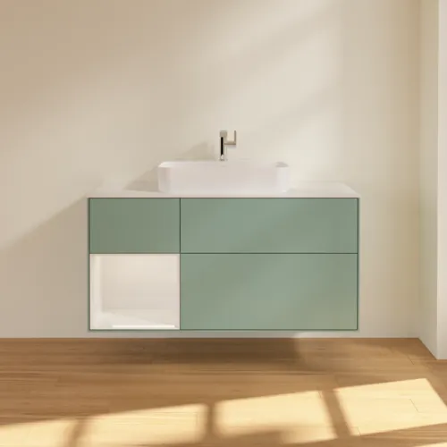 VILLEROY BOCH Toaletní skříňka Finion, s osvětlením, 3 výsuvy, 1200 x 603 x 501 mm, olivově matný lak / lesklý bílý lak / sklo bílé matné #F411GFGM, obrázek 3