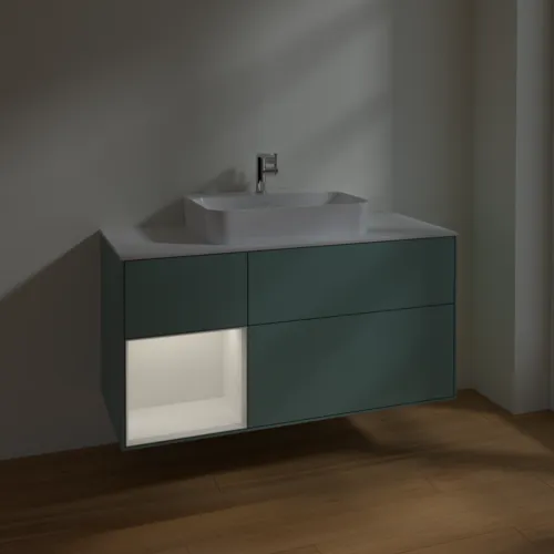 VILLEROY BOCH Toaletní skříňka Finion, s osvětlením, 3 výsuvy, 1200 x 603 x 501 mm, olivově matný lak / lesklý bílý lak / sklo bílé matné #F411GFGM, obrázek 5