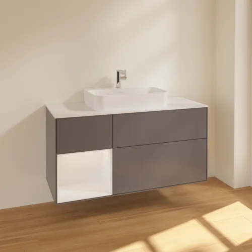 VILLEROY BOCH Toaletní skříňka Finion, s osvětlením, 3 výsuvy, 1200 x 603 x 501 mm, antracit matný lak / lesklý bílý lak / sklo bílé matné #F411GFGK, obrázek 2