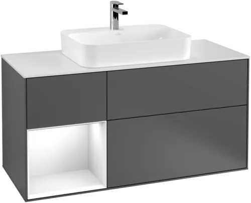 VILLEROY BOCH Toaletní skříňka Finion, s osvětlením, 3 výsuvy, 1200 x 603 x 501 mm, antracit matný lak / lesklý bílý lak / sklo bílé matné #F411GFGK, obrázek 1