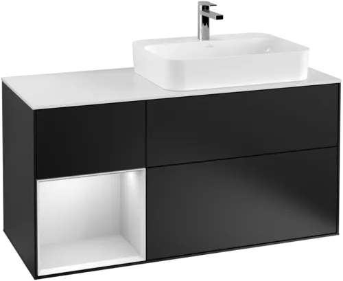 VILLEROY BOCH Toaletní skříňka Finion, s osvětlením, 3 výsuvy, 1200 x 603 x 501 mm, černý matný lak / bílý matný lak / bílé matné sklo #F391MTPD