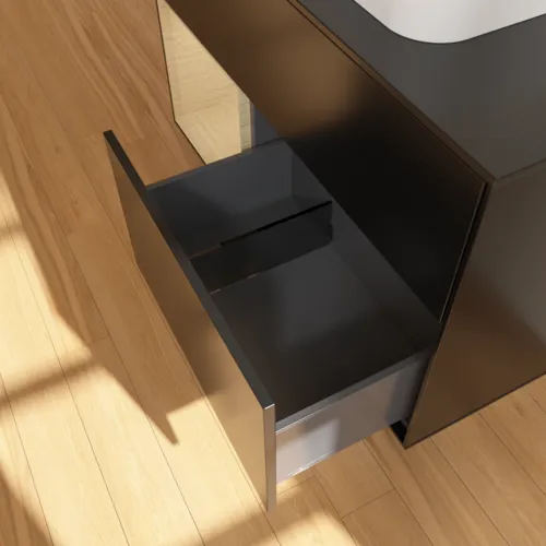 VILLEROY BOCH Toaletní skříňka Finion, s osvětlením, 2 výsuvy, 1000 x 603 x 501 mm, černý matný lak / dubová dýha / černé matné sklo #F362PCPD, obrázek 7