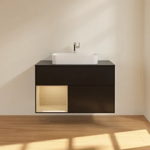 VILLEROY BOCH Toaletní skříňka Finion, s osvětlením, 2 výsuvy, 1000 x 603 x 501 mm, černý matný lak / dubová dýha / černé matné sklo #F362PCPD, obrázek 3