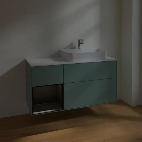 VILLEROY BOCH Toaletní skříňka Finion, s osvětlením, 3 výsuvy, 1200 x 603 x 501 mm, olivový matný lak / černý matný lak / bílé matné sklo #F391PDGM, obrázek 5