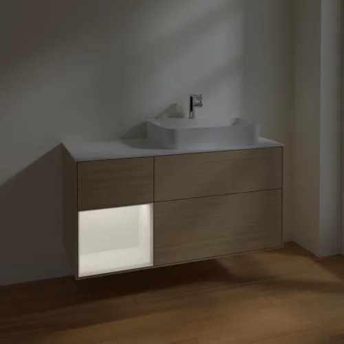 VILLEROY BOCH Toaletní skříňka Finion, s osvětlením, 3 výsuvy, 1200 x 603 x 501 mm, dubová dýha / bílý matný lak / bílé matné sklo #F391MTPC, obrázek 5