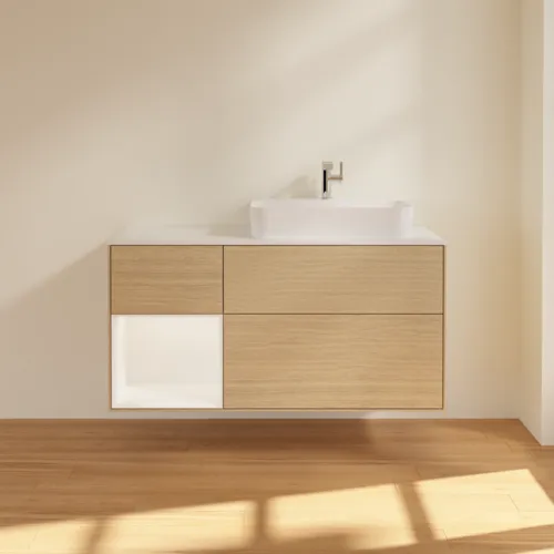 VILLEROY BOCH Toaletní skříňka Finion, s osvětlením, 3 výsuvy, 1200 x 603 x 501 mm, dubová dýha / bílý matný lak / bílé matné sklo #F391MTPC, obrázek 3