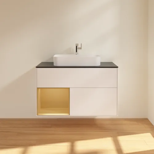 VILLEROY BOCH Toaletní skříňka Finion, s osvětlením, 2 výsuvy, 1000 x 603 x 501 mm, bílý matný lak / zlatý matný lak / černé matné sklo #F362HFMT, obrázek 3