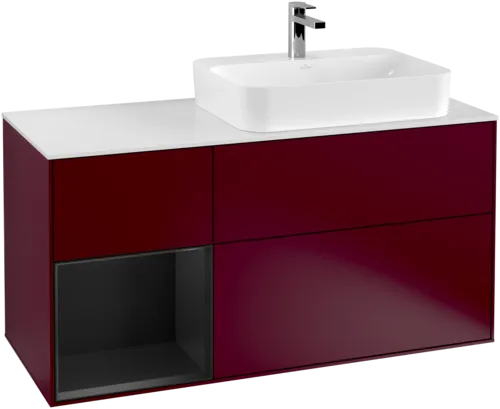 VILLEROY BOCH Toaletní skříňka Finion, s osvětlením, 3 výsuvy, 1200 x 603 x 501 mm, Pivoňka matný lak / Černý matný lak / Sklo bílé matné #F391PDHB