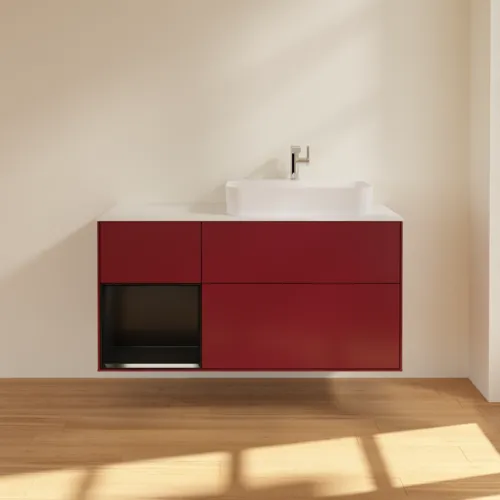 VILLEROY BOCH Toaletní skříňka Finion, s osvětlením, 3 výsuvy, 1200 x 603 x 501 mm, Pivoňka matný lak / Černý matný lak / Sklo bílé matné #F391PDHB, obrázek 3