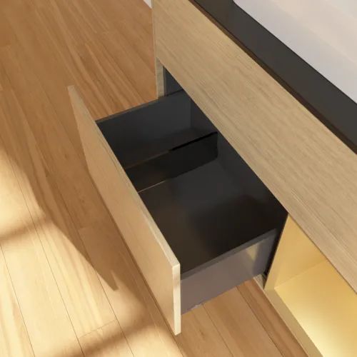 VILLEROY BOCH Toaletní skříňka Finion, s osvětlením, 2 výsuvy, 1000 x 603 x 501 mm, dubová dýha / zlatý matný lak / černé matné sklo #F372HFPC, obrázek 7