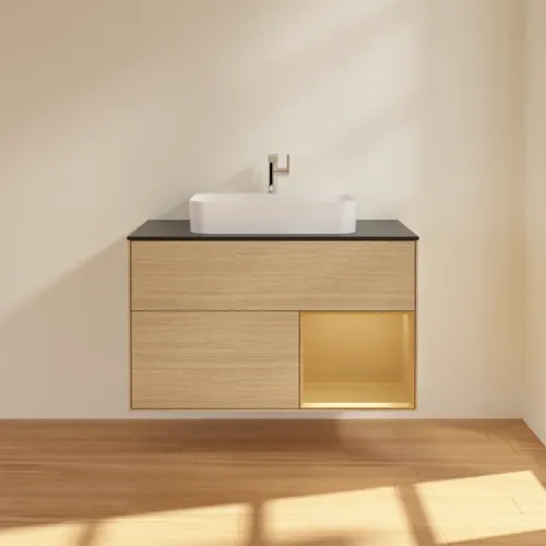 VILLEROY BOCH Toaletní skříňka Finion, s osvětlením, 2 výsuvy, 1000 x 603 x 501 mm, dubová dýha / zlatý matný lak / černé matné sklo #F372HFPC, obrázek 3