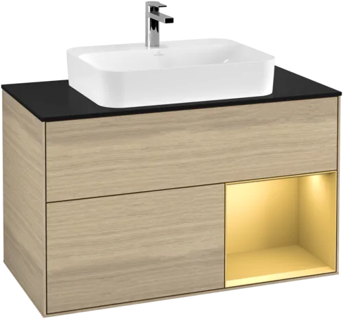 VILLEROY BOCH Toaletní skříňka Finion, s osvětlením, 2 výsuvy, 1000 x 603 x 501 mm, dubová dýha / zlatý matný lak / černé matné sklo #F372HFPC