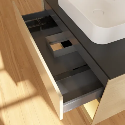 VILLEROY BOCH Toaletní skříňka Finion, s osvětlením, 2 výsuvy, 1000 x 603 x 501 mm, dubová dýha / zlatý matný lak / černé matné sklo #F372HFPC, obrázek 8