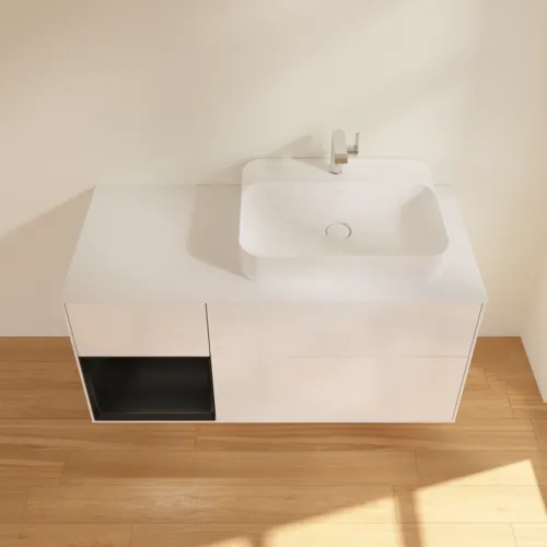 VILLEROY BOCH Toaletní skříňka Finion, s osvětlením, 3 výsuvy, 1200 x 603 x 501 mm, lesklý bílý lak / černý matný lak / sklo bílé matné #F391PDGF, obrázek 4
