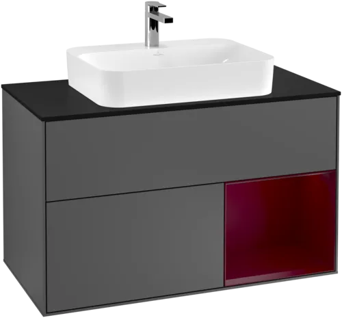 VILLEROY BOCH Toaletní skříňka Finion, s osvětlením, 2 výsuvy, 1000 x 603 x 501 mm, antracitový matný lak / pivoňkový matný lak / černé matné sklo #F372HBGK