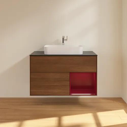 VILLEROY BOCH Toaletní skříňka Finion, s osvětlením, 2 výsuvy, 1000 x 603 x 501 mm, ořechová dýha / matný lak Pivoňka / černé matné sklo #F372HBGN, obrázek 3