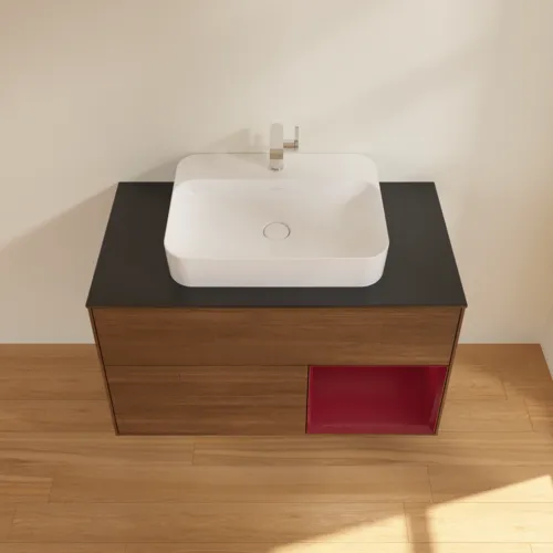 VILLEROY BOCH Toaletní skříňka Finion, s osvětlením, 2 výsuvy, 1000 x 603 x 501 mm, ořechová dýha / matný lak Pivoňka / černé matné sklo #F372HBGN, obrázek 4