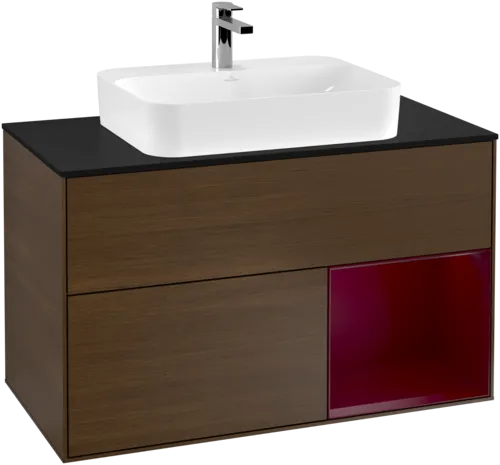 VILLEROY BOCH Toaletní skříňka Finion, s osvětlením, 2 výsuvy, 1000 x 603 x 501 mm, ořechová dýha / matný lak Pivoňka / černé matné sklo #F372HBGN