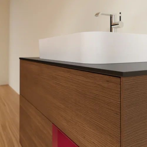 VILLEROY BOCH Toaletní skříňka Finion, s osvětlením, 2 výsuvy, 1000 x 603 x 501 mm, ořechová dýha / matný lak Pivoňka / černé matné sklo #F372HBGN, obrázek 6