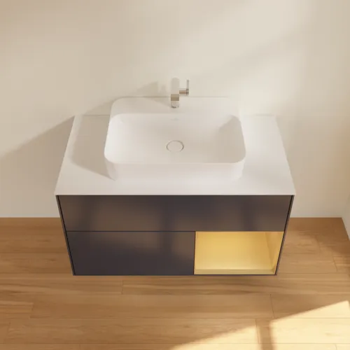 VILLEROY BOCH Toaletní skříňka Finion, s osvětlením, 2 výsuvy, 1000 x 603 x 501 mm, Midnight Blue Matt Lacquer / Gold Matt Lacquer / Glass White Matt #F371HFHG, obrázek 4