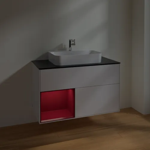 VILLEROY BOCH Toaletní skříňka Finion, s osvětlením, 2 výsuvy, 1000 x 603 x 501 mm, lesklý bílý lak / matný lak Pivoňka / matné černé sklo #F362HBGF, obrázek 5