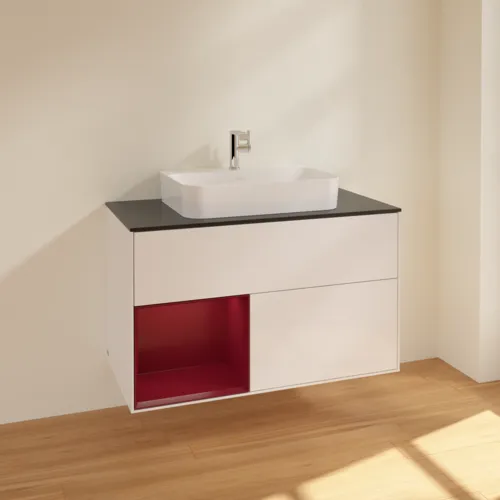 VILLEROY BOCH Toaletní skříňka Finion, s osvětlením, 2 výsuvy, 1000 x 603 x 501 mm, lesklý bílý lak / matný lak Pivoňka / matné černé sklo #F362HBGF, obrázek 2