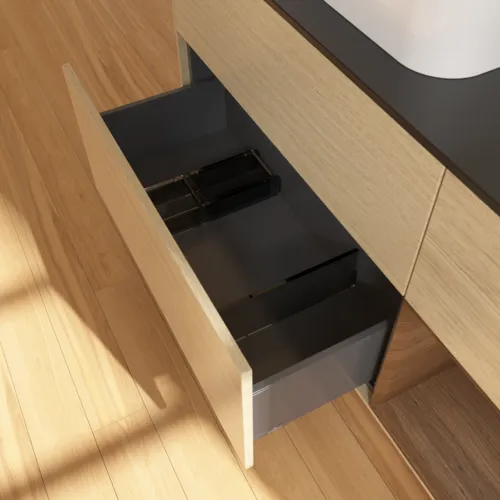 VILLEROY BOCH Toaletní stolek Finion, s osvětlením, 3 výsuvy, 1200 x 603 x 501 mm, dubová dýha / ořechová dýha / sklo černé matné #F402GNPC, obrázek 7