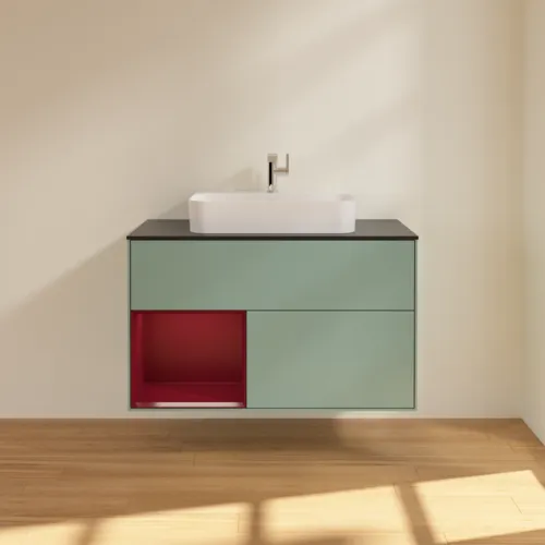 VILLEROY BOCH Toaletní skříňka Finion, s osvětlením, 2 výsuvy, 1000 x 603 x 501 mm, olivový matný lak / pivoňkový matný lak / černé matné sklo #F362HBGM, obrázek 3