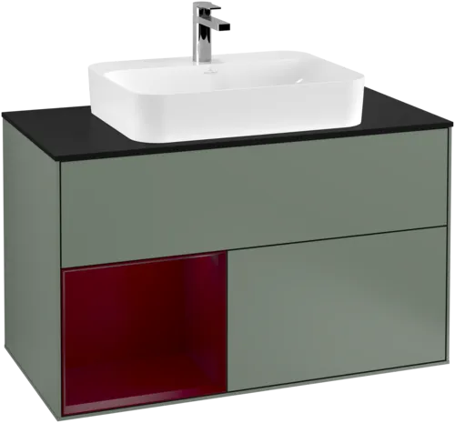 VILLEROY BOCH Toaletní skříňka Finion, s osvětlením, 2 výsuvy, 1000 x 603 x 501 mm, olivový matný lak / pivoňkový matný lak / černé matné sklo #F362HBGM