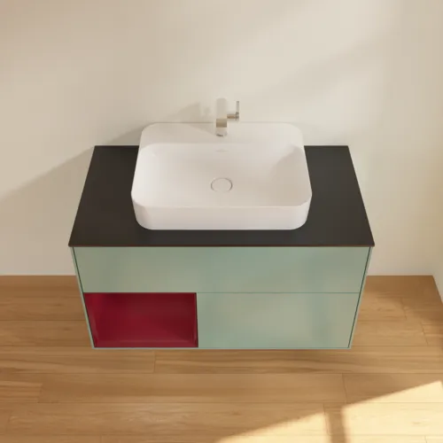 VILLEROY BOCH Toaletní skříňka Finion, s osvětlením, 2 výsuvy, 1000 x 603 x 501 mm, olivový matný lak / pivoňkový matný lak / černé matné sklo #F362HBGM, obrázek 4