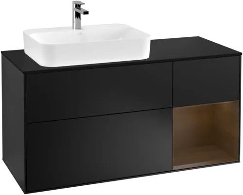 VILLEROY BOCH Toaletní skříňka Finion, s osvětlením, 3 výsuvy, 1200 x 603 x 501 mm, černý matný lak / ořechová dýha / černé matné sklo #F402GNPD, obrázek 1