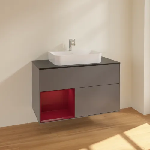 VILLEROY BOCH Toaletní skříňka Finion, s osvětlením, 2 výsuvy, 1000 x 603 x 501 mm, antracitový matný lak / pivoňkový matný lak / černé matné sklo #F362HBGK, obrázek 2