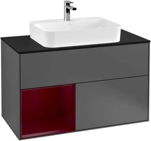 VILLEROY BOCH Toaletní skříňka Finion, s osvětlením, 2 výsuvy, 1000 x 603 x 501 mm, antracitový matný lak / pivoňkový matný lak / černé matné sklo #F362HBGK, obrázek 1