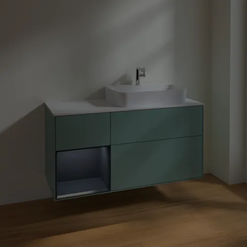 VILLEROY BOCH Toaletní skříňka Finion, s osvětlením, 3 výsuvy, 1200 x 603 x 501 mm, olivový matný lak / půlnoční modrý matný lak / bílé matné sklo #F391HGGM, obrázek 5