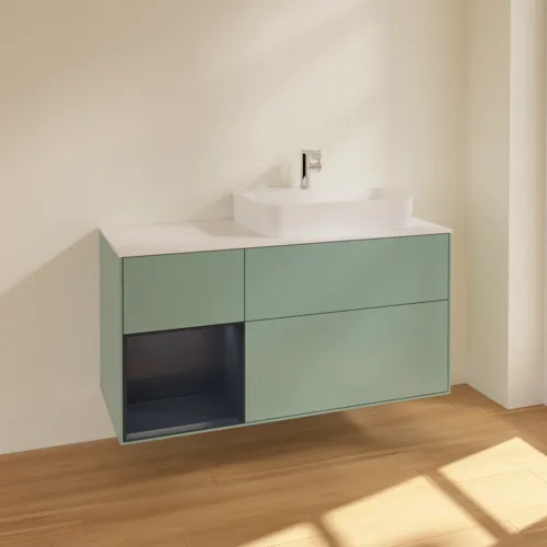 VILLEROY BOCH Toaletní skříňka Finion, s osvětlením, 3 výsuvy, 1200 x 603 x 501 mm, olivový matný lak / půlnoční modrý matný lak / bílé matné sklo #F391HGGM, obrázek 2