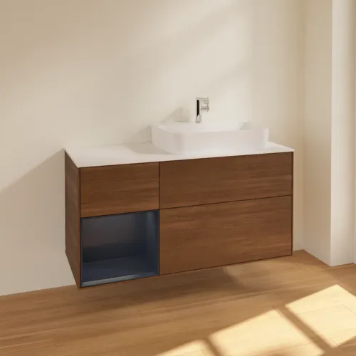 VILLEROY BOCH Toaletní skříňka Finion, s osvětlením, 3 výsuvy, 1200 x 603 x 501 mm, ořechová dýha / půlnočně modrý matný lak / sklo bílé matné #F391HGGN, obrázek 2