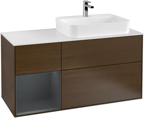VILLEROY BOCH Toaletní skříňka Finion, s osvětlením, 3 výsuvy, 1200 x 603 x 501 mm, ořechová dýha / půlnočně modrý matný lak / sklo bílé matné #F391HGGN