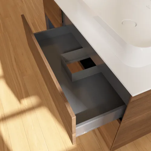 VILLEROY BOCH Toaletní skříňka Finion, s osvětlením, 3 výsuvy, 1200 x 603 x 501 mm, ořechová dýha / půlnočně modrý matný lak / sklo bílé matné #F391HGGN, obrázek 8