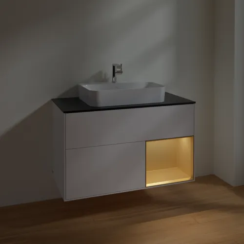 VILLEROY BOCH Toaletní skříňka Finion, s osvětlením, 2 výsuvy, 1000 x 603 x 501 mm, bílý matný lak / zlatý matný lak / černé matné sklo #F372HFMT, obrázek 5