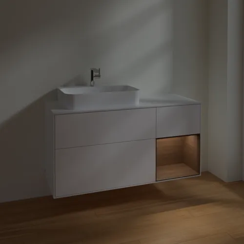 VILLEROY BOCH Toaletní skříňka Finion, s osvětlením, 3 výsuvy, 1200 x 603 x 501 mm, bílý matný lak / ořechová dýha / sklo bílé matné #F401GNMT, obrázek 5