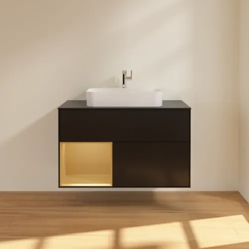 VILLEROY BOCH Toaletní skříňka Finion, s osvětlením, 2 výsuvy, 1000 x 603 x 501 mm, černý matný lak / zlatý matný lak / černé matné sklo #F362HFPD, obrázek 3
