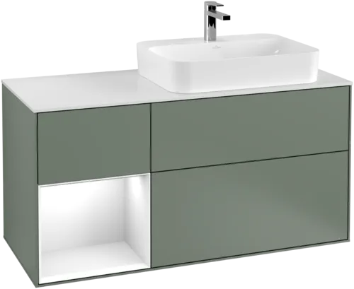 VILLEROY BOCH Toaletní skříňka Finion, s osvětlením, 3 výsuvy, 1200 x 603 x 501 mm, olivově matný lak / lesklý bílý lak / sklo bílé matné #F391GFGM, obrázek 1