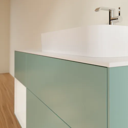 VILLEROY BOCH Toaletní skříňka Finion, s osvětlením, 3 výsuvy, 1200 x 603 x 501 mm, olivově matný lak / lesklý bílý lak / sklo bílé matné #F391GFGM, obrázek 6