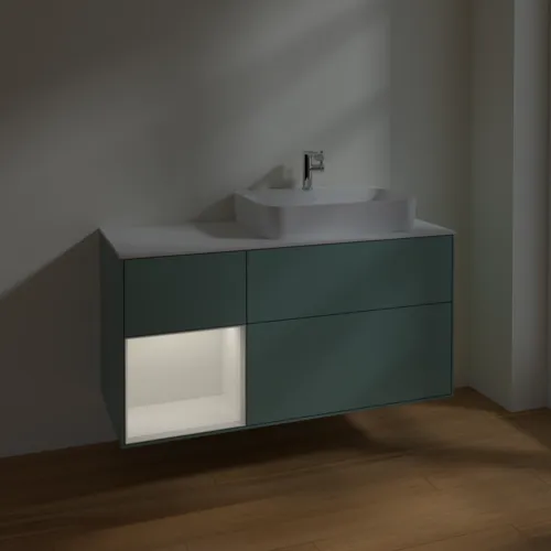VILLEROY BOCH Toaletní skříňka Finion, s osvětlením, 3 výsuvy, 1200 x 603 x 501 mm, olivově matný lak / lesklý bílý lak / sklo bílé matné #F391GFGM, obrázek 5