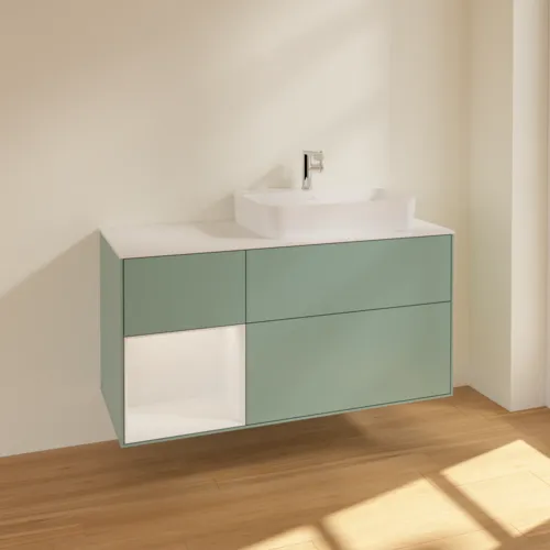 VILLEROY BOCH Toaletní skříňka Finion, s osvětlením, 3 výsuvy, 1200 x 603 x 501 mm, olivově matný lak / lesklý bílý lak / sklo bílé matné #F391GFGM, obrázek 2