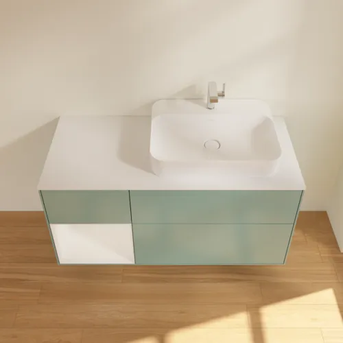 VILLEROY BOCH Toaletní skříňka Finion, s osvětlením, 3 výsuvy, 1200 x 603 x 501 mm, olivově matný lak / lesklý bílý lak / sklo bílé matné #F391GFGM, obrázek 4