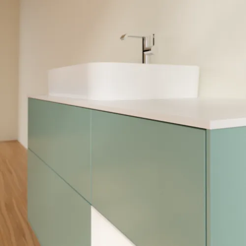 VILLEROY BOCH Toaletní skříňka Finion, s osvětlením, 3 výsuvy, 1200 x 603 x 501 mm, olivový matný lak / bílý matný lak / bílé matné sklo #F401MTGM, obrázek 6