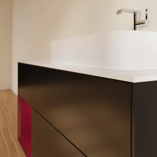 VILLEROY BOCH Toaletní skříňka Finion, s osvětlením, 3 výsuvy, 1200 x 603 x 501 mm, černý matný lak / pivoňkový matný lak / bílé matné sklo #F391HBPD, obrázek 6