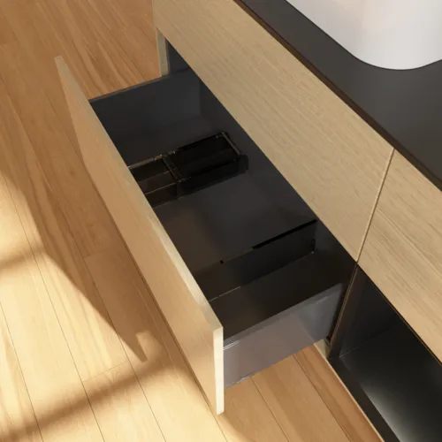 VILLEROY BOCH Toaletní skříňka Finion, s osvětlením, 3 výsuvy, 1200 x 603 x 501 mm, dubová dýha / černý matný lak / černé matné sklo #F402PDPC, obrázek 6