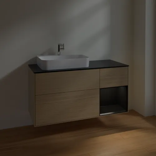 VILLEROY BOCH Toaletní skříňka Finion, s osvětlením, 3 výsuvy, 1200 x 603 x 501 mm, dubová dýha / černý matný lak / černé matné sklo #F402PDPC, obrázek 5